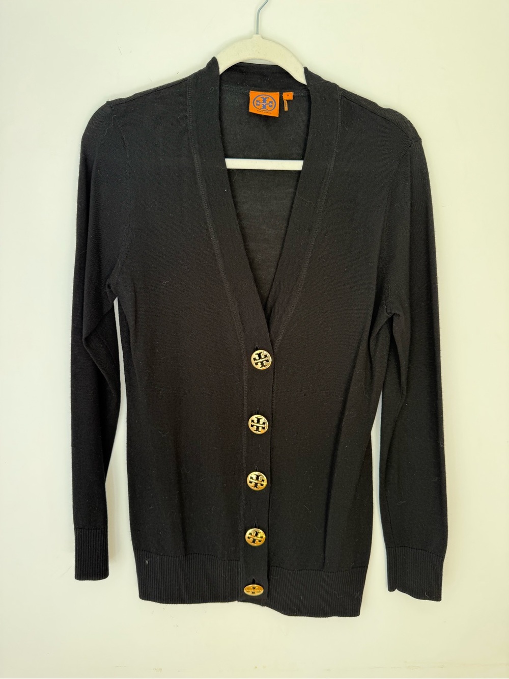 Tory Burch Merino Wool Cardigan Black Logo Button Sweater M